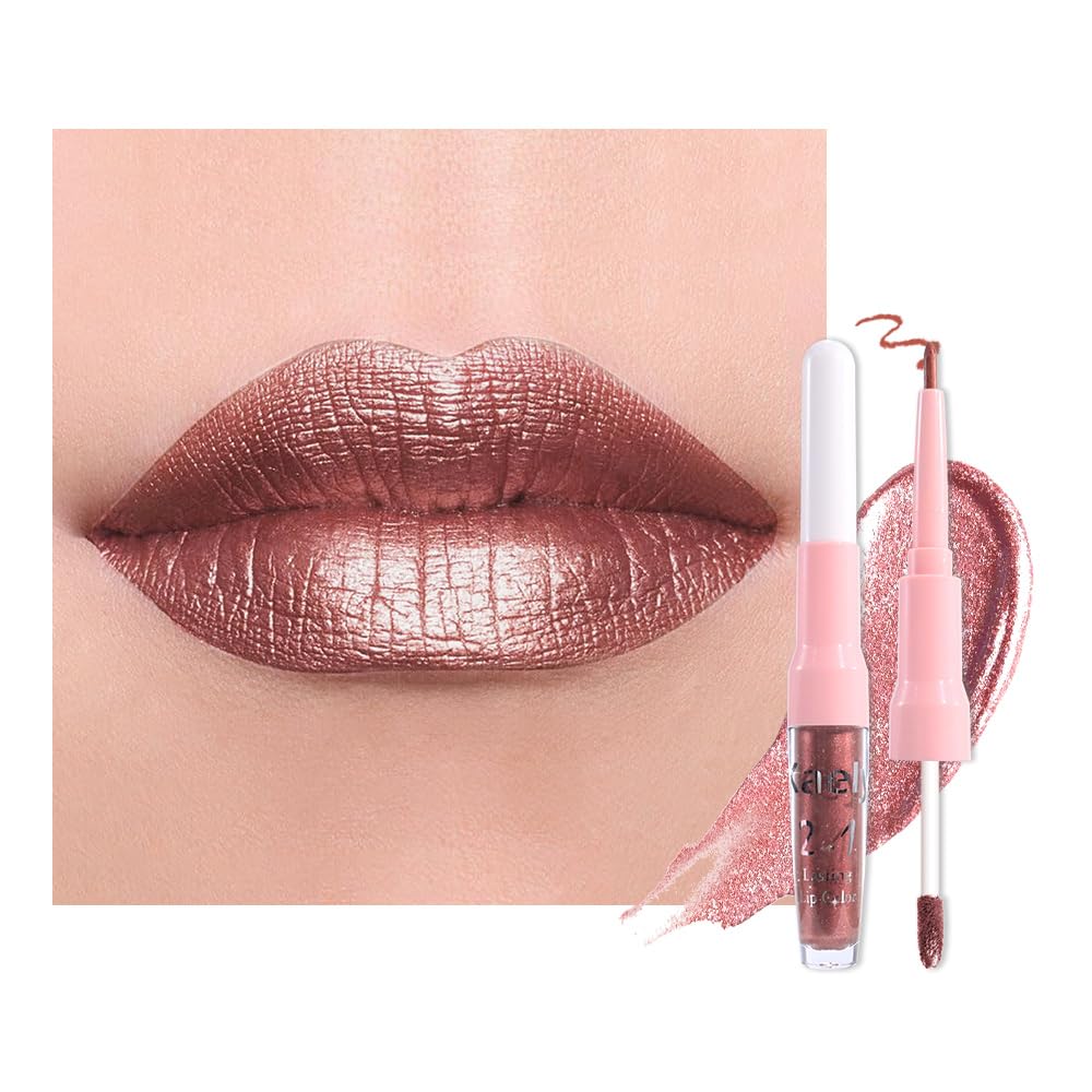 Kaely 2-in-1 Dark Bronze Metallic Lipstick and Lip Liner, Shimmer Liquid Metallic Lipsticks for Women, Glitter Lip Gloss Stain Long Lasting Waterproof Smudge Proof 24 Hour, Vegan Makeup, 06
