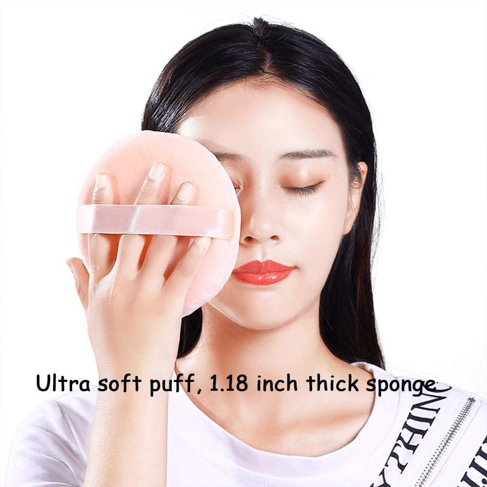 2 Pack Extra Large 5.2" Beige & Purple Powder Puffs and 5.3" Glass Container – Oversized Soft Body & Face Large Powder Puff Dusting Powder Jar Holder Case(Black Glass)