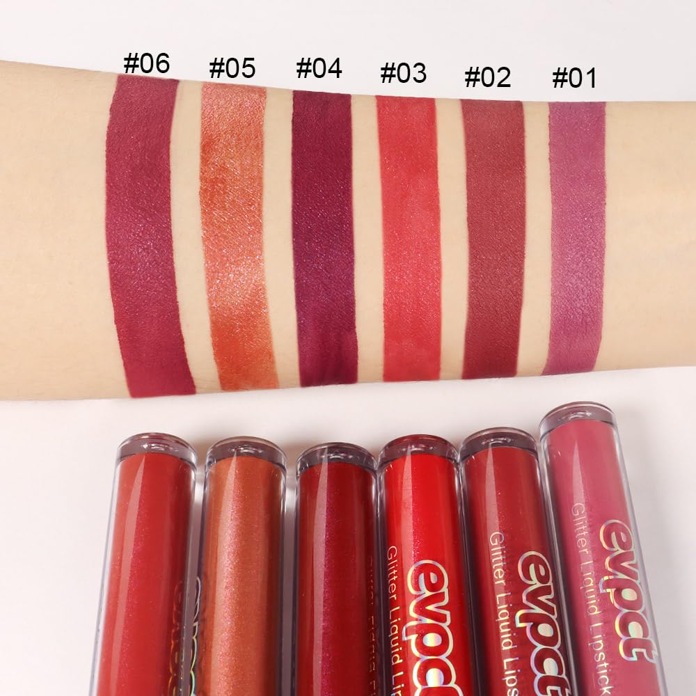evpct 6Pcs Diamond Lip Gloss Matte to Glitter Liquid Lipstick Waterproof, Metallic Metal Shimmer Liquid Diamond Glitter Sparkle Sparkling Lipstick Lip Gloss Sets for Women Lips Kit, glitter+lipstick