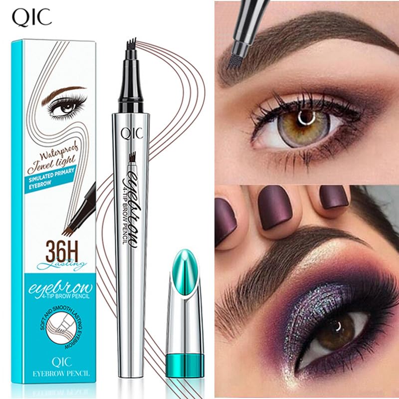 Microblading Eyebrow Pen - Long-Lasting 4D Four-Tip Waterproof Eyebrow pen with Triangular Tip Easy Application for Beginners for Natural Eyebrows (Black)