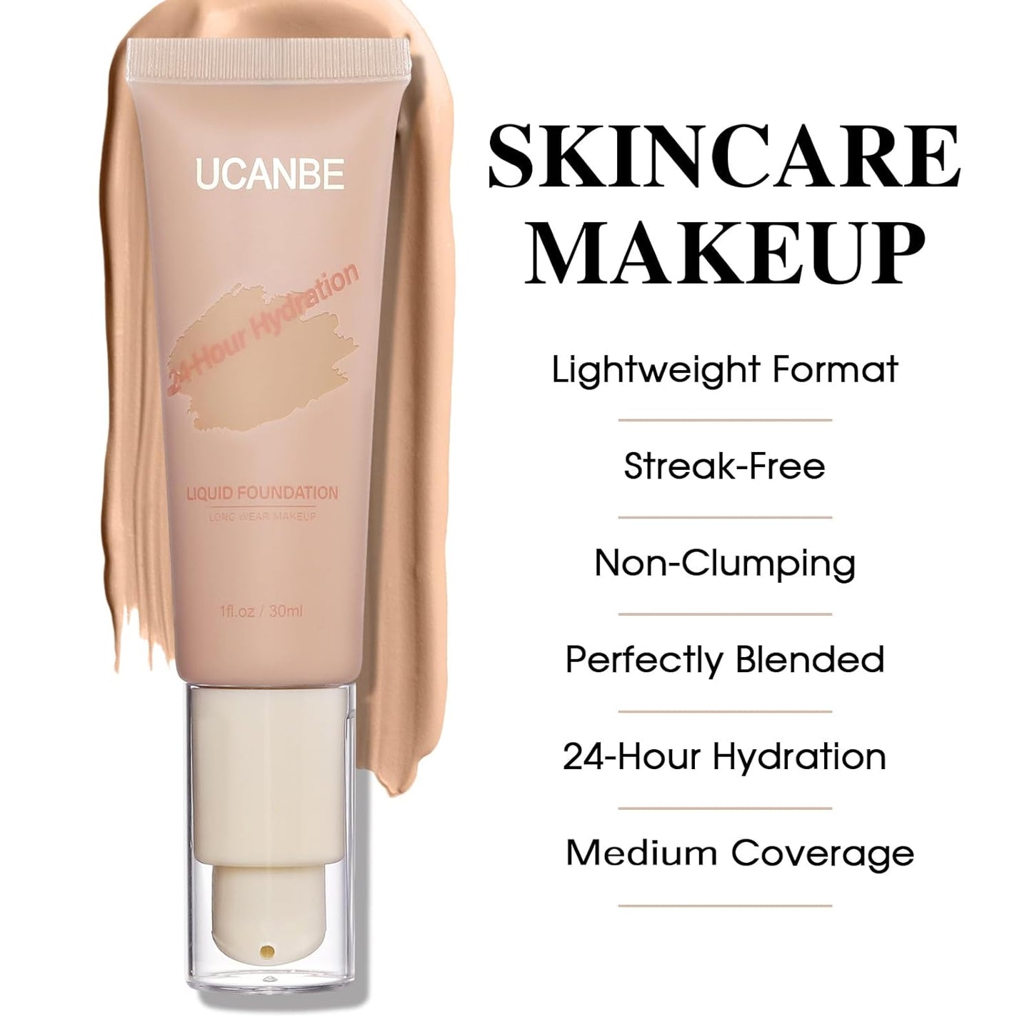 UCANBE Matte Liquid Foundation with Brush, Skincare Serum Foundation Face Makeup with Hyaluronic Acid, Medium to Full Coverage Waterproof Oil Control Longwear, for Mature Skin, True Beige, 1 fl. oz.