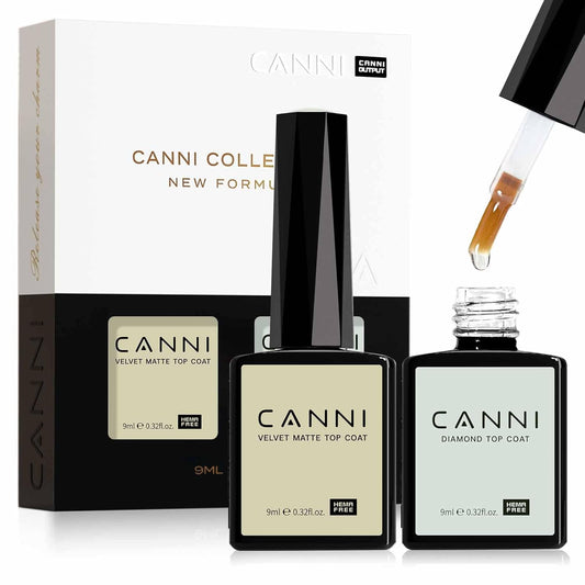 CANNI 2 Pcs No Wipe Matte Top Coat and Glossy Gel Top Coat Set- High Shiny Long Lasting Clear Gel Nail Polish Kit, Soak Off Nail Art Home and Professional Manicure