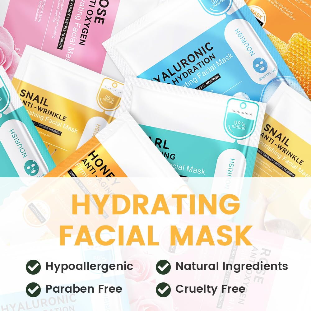 Honey Face Sheet Mask Skincare,Hydrating Spa Face Mask For Sensitive Skin,Moisturize,Nourish for All Skin Types,Natural Skin Care Spa Face Mask for Women Men Girls,Pack of 6