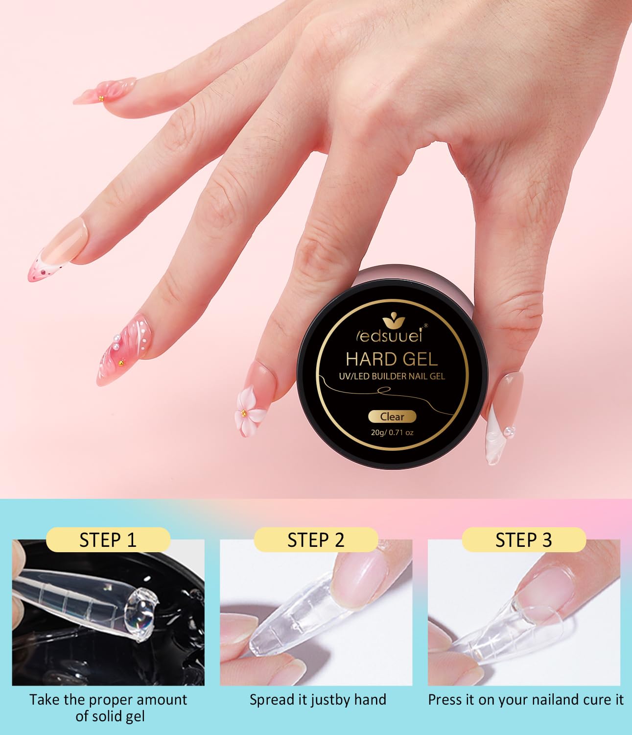 Solid Builder Gel for Nails LEDSUUEI - Clear 3D Nail Gel Sculpting Non-Sticky Hand Carving Glue Extension with 96PCS Extension for Manicure Salon Home Decoration DIY 20g
