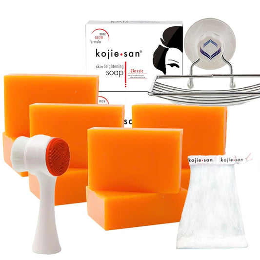 Kojie San Face & Body Shower Set - The Original Kojic Acid Soap, Dark Spot Remover Bar Soap with Coconut & Tea Tree Oil – 65g x 8 Bars with Leafa Soap Net, Brush and Soap Dish