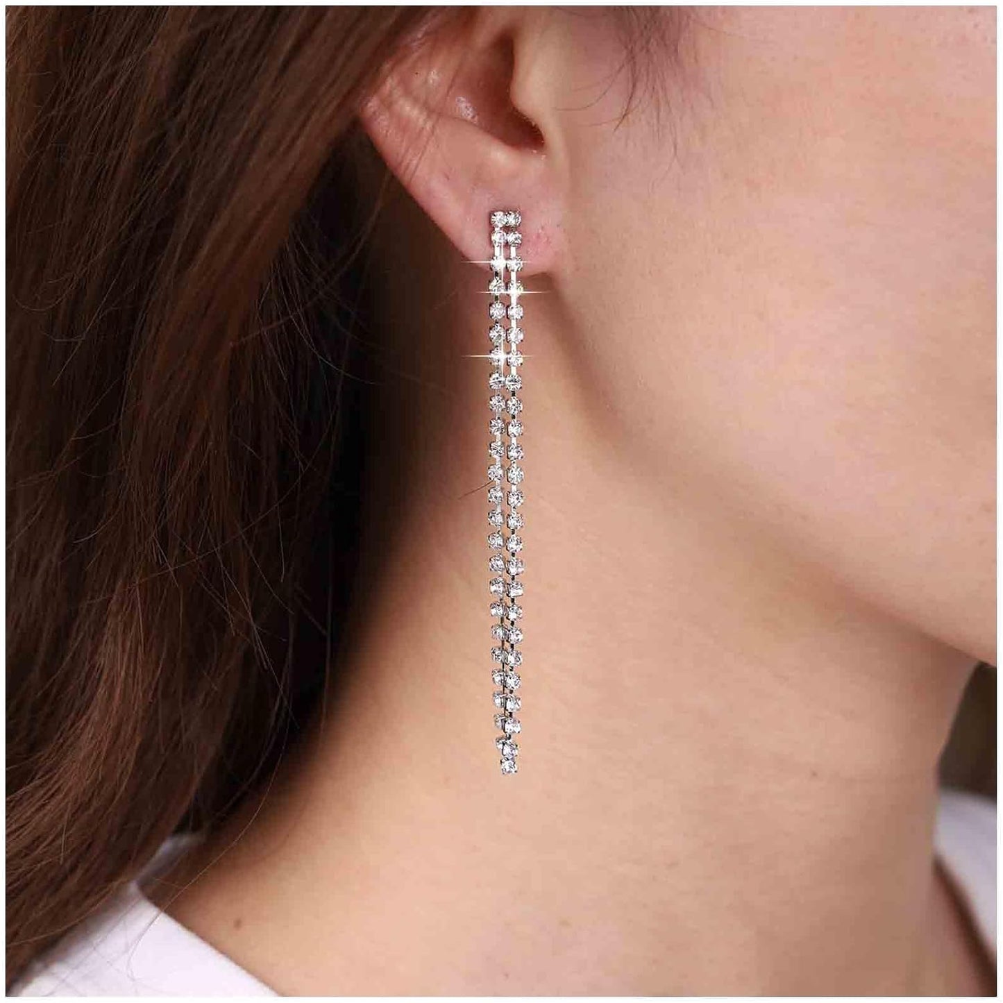 Vintage Rhinestone Chandelier Drop Earrings Long Crystal Chain Earrings Silver Tennis Chain Tassel Earrings Shine Cz Dangle Earrings Jewelry for Women