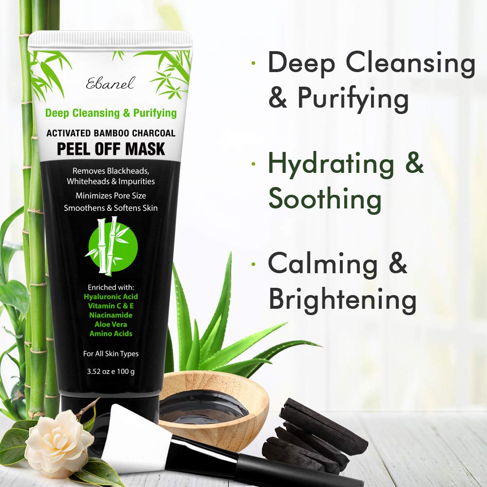 Ebanel Charcoal Peel Off Face Mask Applicator Set, Deep Pore Cleansing Minimizer Blackhead Remover with Niacinamide, Hyaluronic Acid, Vitamin C, Green Tea, Deep Cleanse Black Masks Peel Off Gel Mask