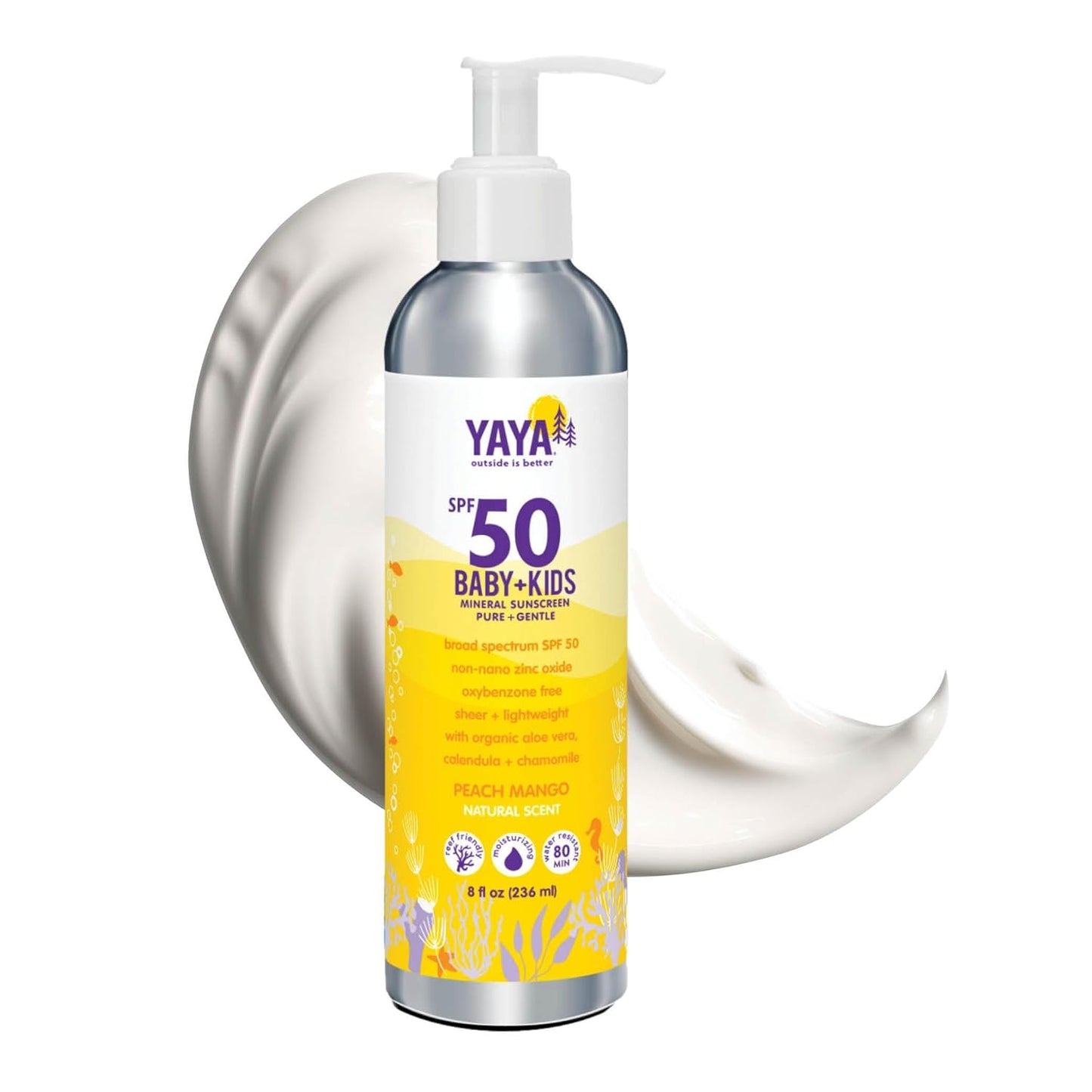 YAYA ORGANICS Baby + Kids Mineral Sunscreen Lotion, SPF 50, Reef-Friendly, Non-Nano Zinc Oxide, Water-Resistant, Hypoallergenic, Pure + Gentle for delicate skin, 8 oz