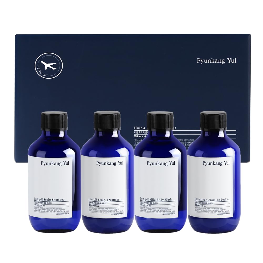PYUNKANG YUL Hair&Body Travel Kit | Shampoo, Conditioner, Body Wash, Lotion, Spa Kit, 4 items | Low pH, Moisturizing, Soothing, Refreshing, Fragrance Free | Korean Skin Care | 3.38 Fl.Oz. x 4ea