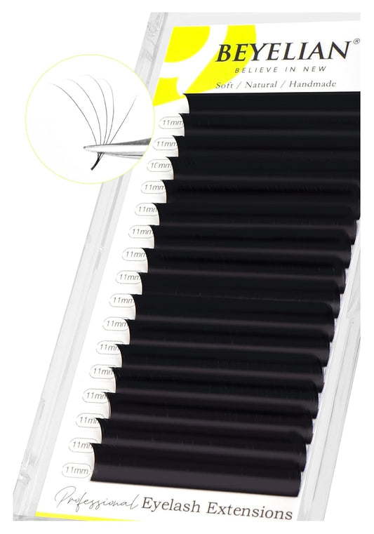 BEYELIAN Eyelash Extension 0.05 D+ Curl 11mm Tray Easy Fan Lash Extensions Volume Lashes Professional Salon Use Natural Matte Black (0.05 D+ 11mm)