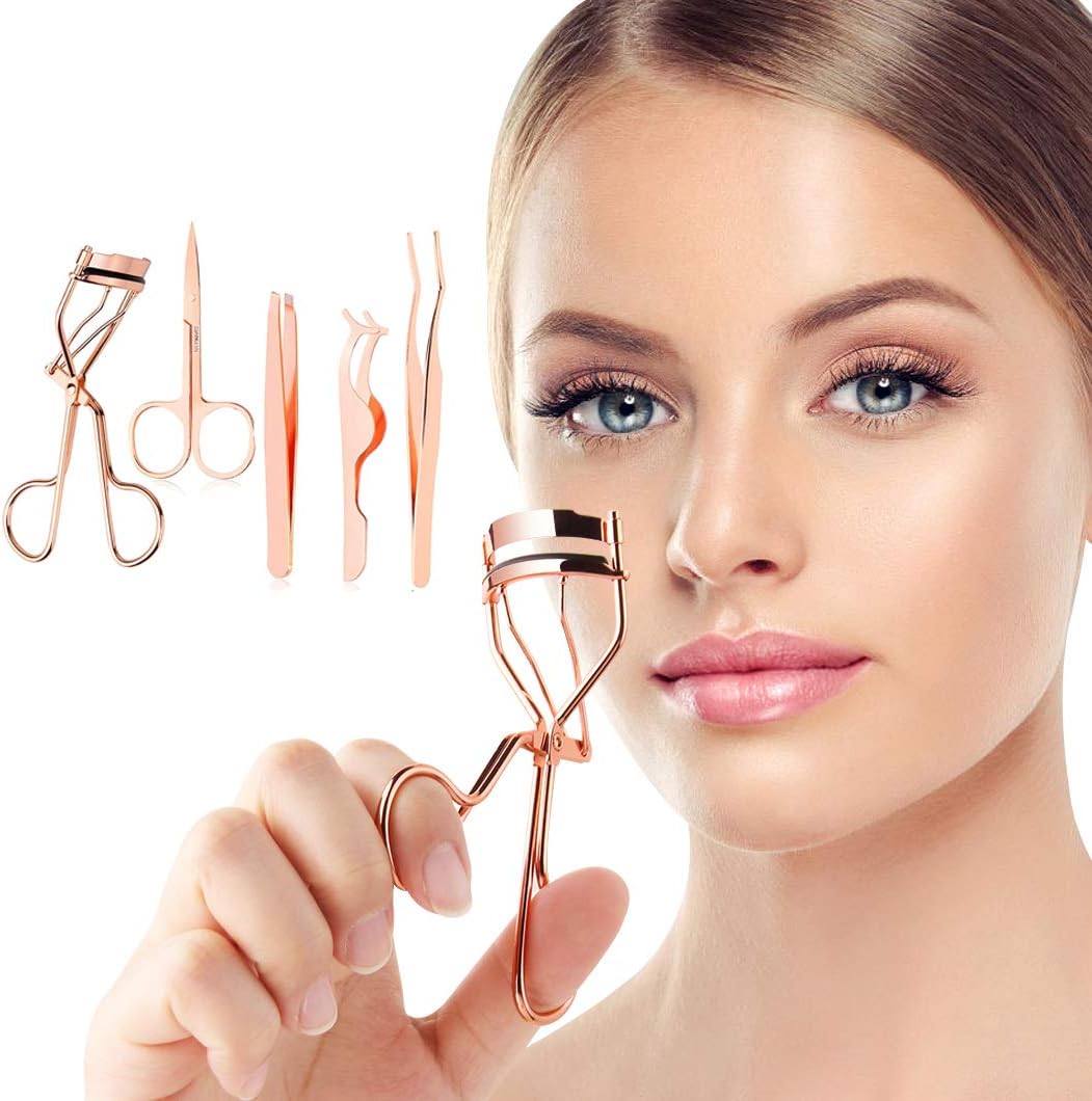 5 Pieces Eyelash Applicator Tool False Eyelashes Applicator Eyebrow Curler Eyebrow Scissors (Rose Golden)