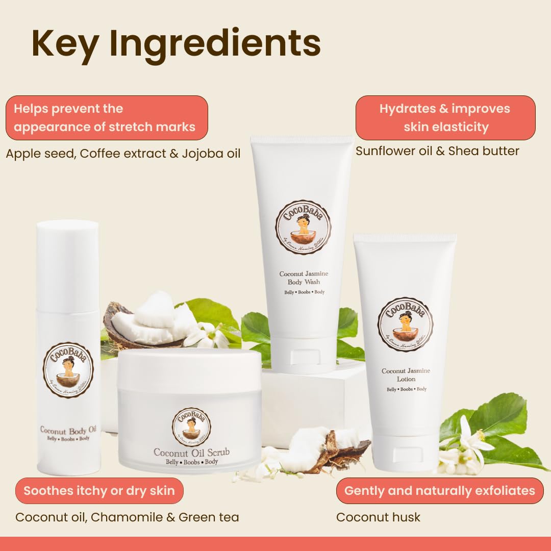 Cocobaba Stretch Mark Relief Set - Belly oil for pregnancy care package | Stretch Mark Cream for Pregnancy | Body wash | Body scrub | First time mom gift | Pregnancy Must have