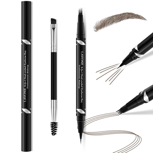 LAVONE 2-IN-1 Dual-ended Waterproof Eyebrow Pencil, with 4 Tip Microblading Pen and Ultra-Precise Brow Pencil, Dual-ended Eyebrow Brush, for Natural Looking Dark Brunette