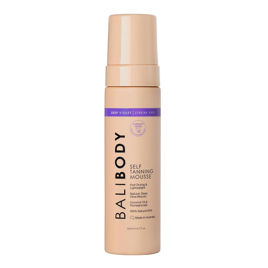Bali Body Deep Violet Self Tanning Mousse – Self Tanner Mousse Violet-Based Formula for Dark, Fake Tan with Olive Undertones – Hydrating, Sunless Tanner for Sensitive Skin – 200ml / 6.7fl oz