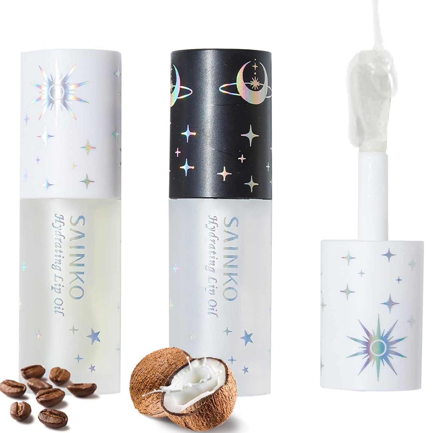 DAY&NIGHT LIP OIL SET, Natural Coconut Lip Plumper & Coffee Lip Care Serum,Hydrating Lip Plumper Gloss (3ml*2)