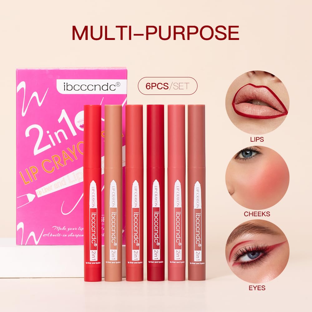 ibcccndc 6PCS Lip Liner and Lipstick Set - High Pigmented Creamy Matte Lip Liner Pencil Set for Girls and Women, Lip Makeup Gift Sets - Includes Nude and Red Lip Liners, Waterproof Formula (A)
