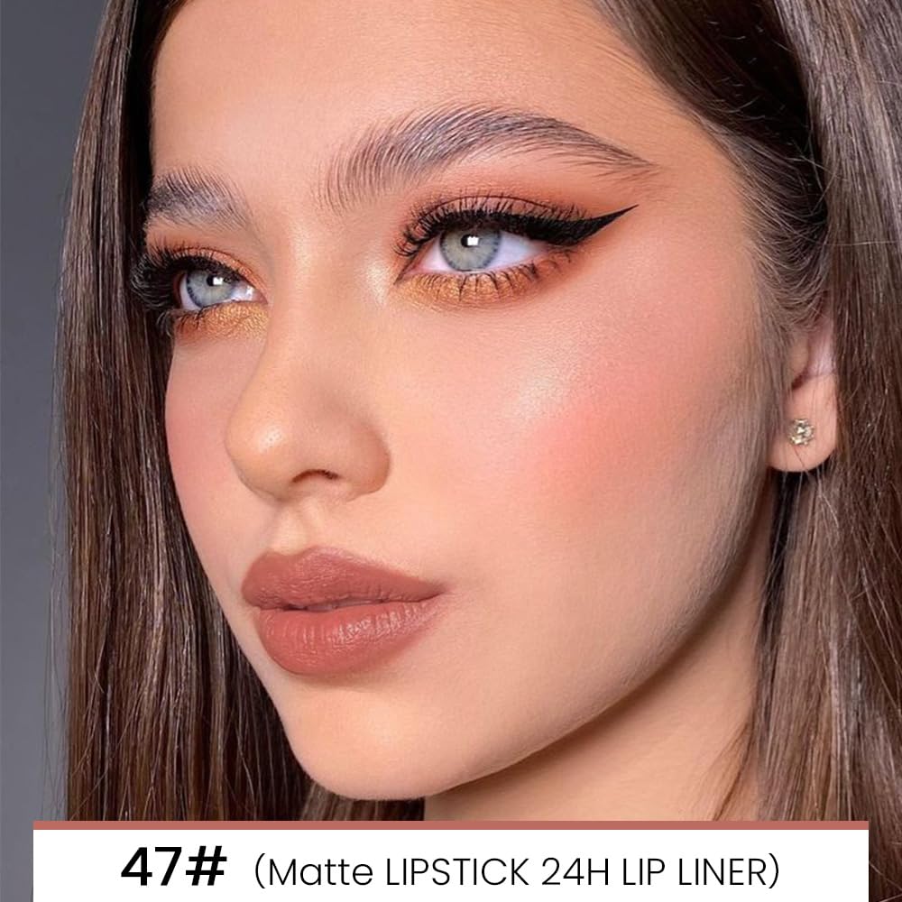 Kaely 2-in-1 Fairest Nude Velvet Matte Lip Liner & Lipstick Combo Set Kit for Women, Magic 24 Hours Lipstick and Lip Liner Makeup Set Stain Long Lasting Waterproof labial 47