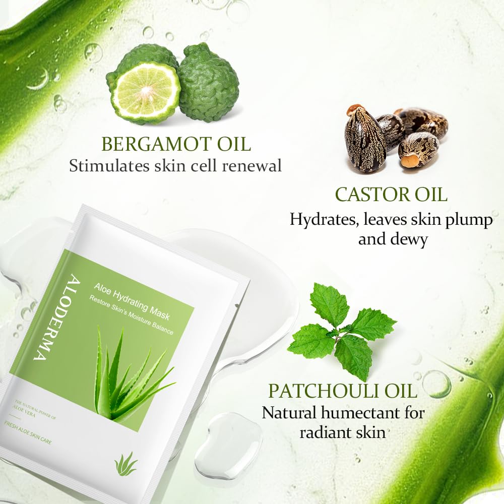 Aloderma Hydrating Sheet Face Masks with 87% Organic Aloe Vera - 5 pack Moisturizing Facial Masks with Hyaluronic Acid & Bergamot Oil for Nourished, Radiant Skin - Aloe Vera Natural Skincare