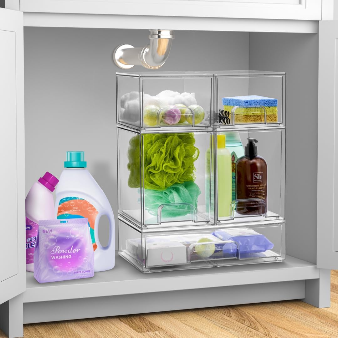 Sorbus Acrylic Storage Containers - 4 Pack, Stackable Storage Bins Set for Bathroom Organization - Clear Acrylic Drawer Organizers - Makeup Case Pull-Out Drawers (7.6’’ Tall)