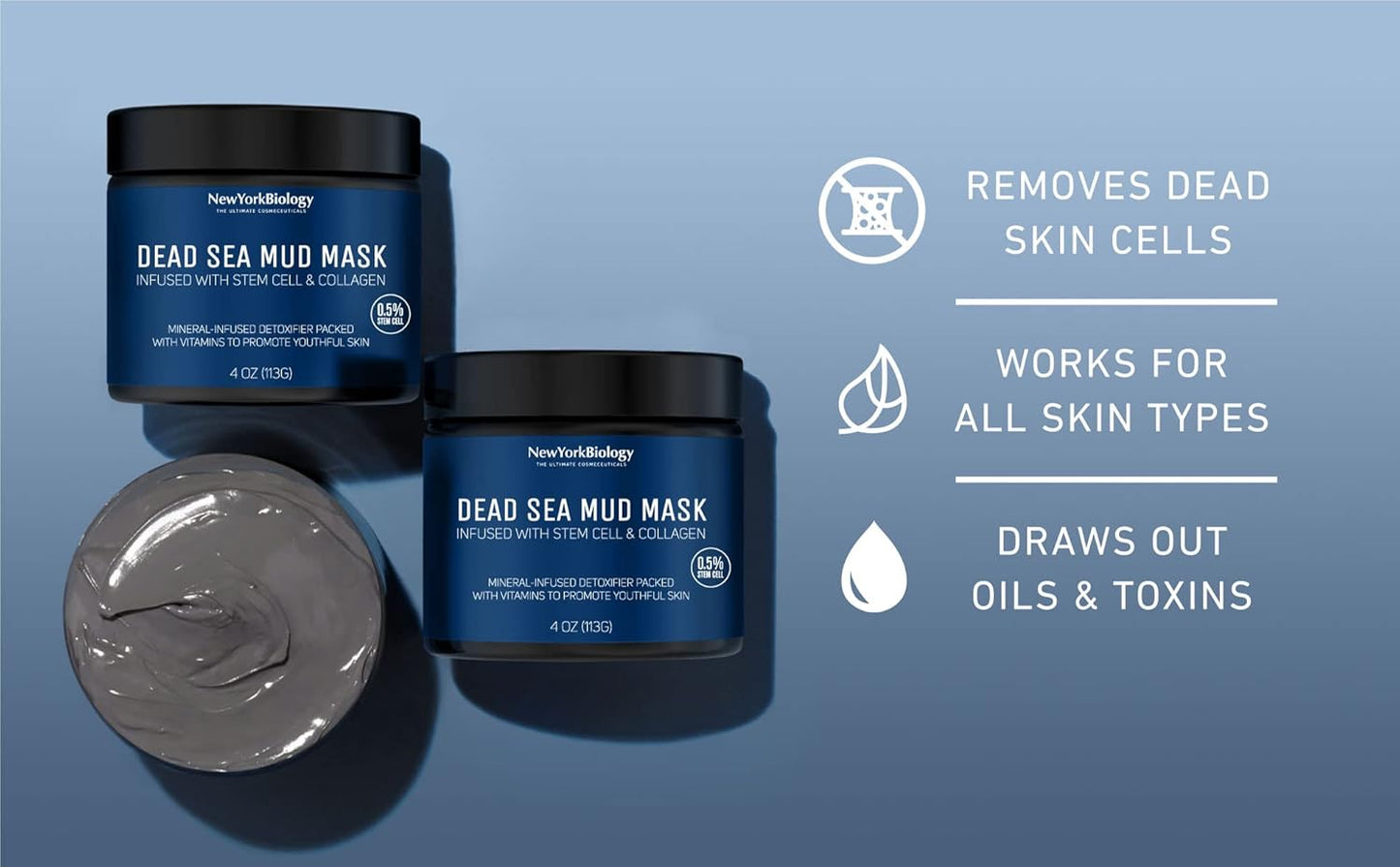 New York Biology Dead Sea Mud Mask for Face, Body | with Stem Cell and Collagen | Spa Quality Pore Refiner for Oily Skin | Natural Skincare for Women, Men | Tighten Skin | 4 oz (Pack of 2)