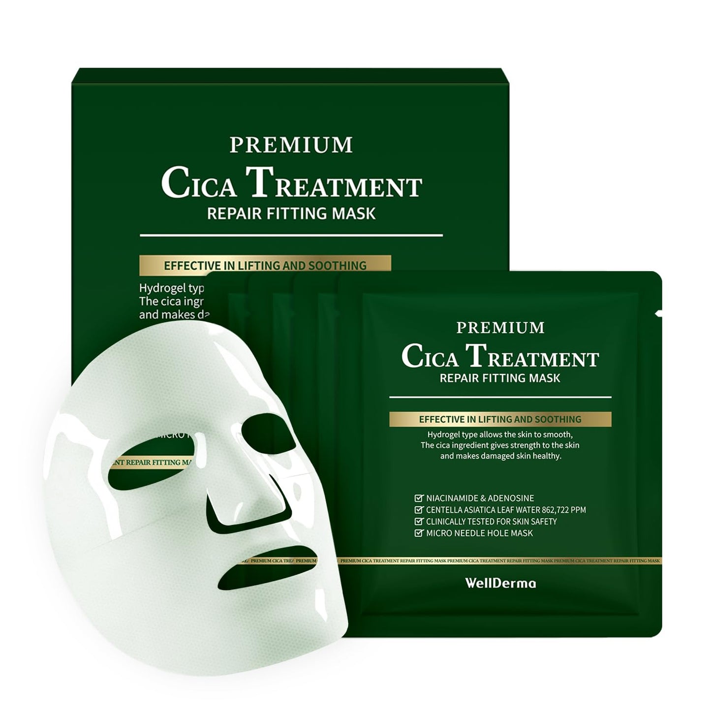 WELLDERMA Premium Cica Treatment Hydrogel Fitting Mask, 25g x 4 Sheets – Soothing & Hydrating Hydrogel Sheet Mask with Centella Leaf Water, Niacinamide & Hyaluronic Acid