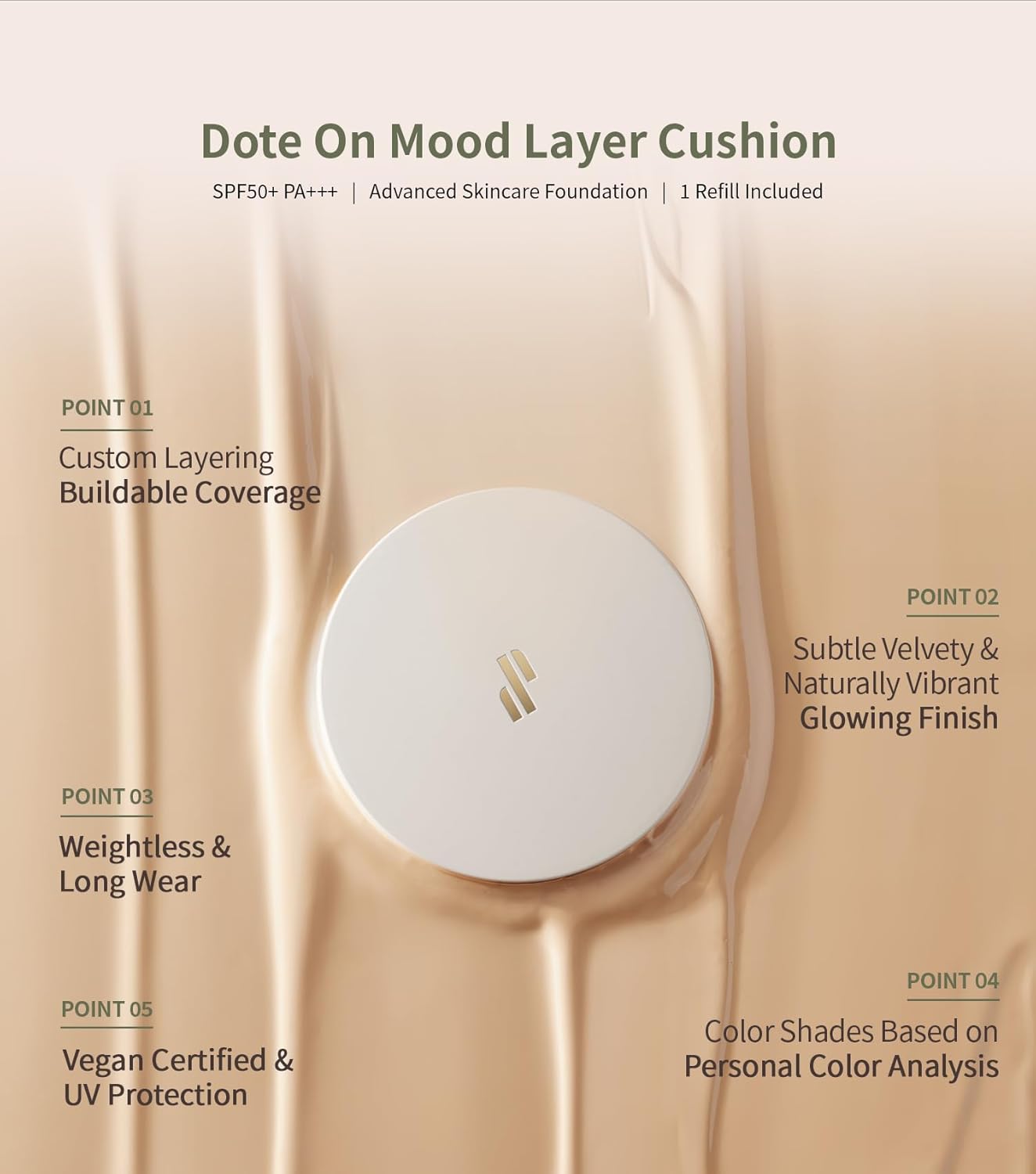 Heart Percent Dote on Mood Layer Cushion SPF 50+/PA+++ with Refill, Satin Glow Silky Flawless Finish Full Coverage Advanced Skincare Foundation (#21P)