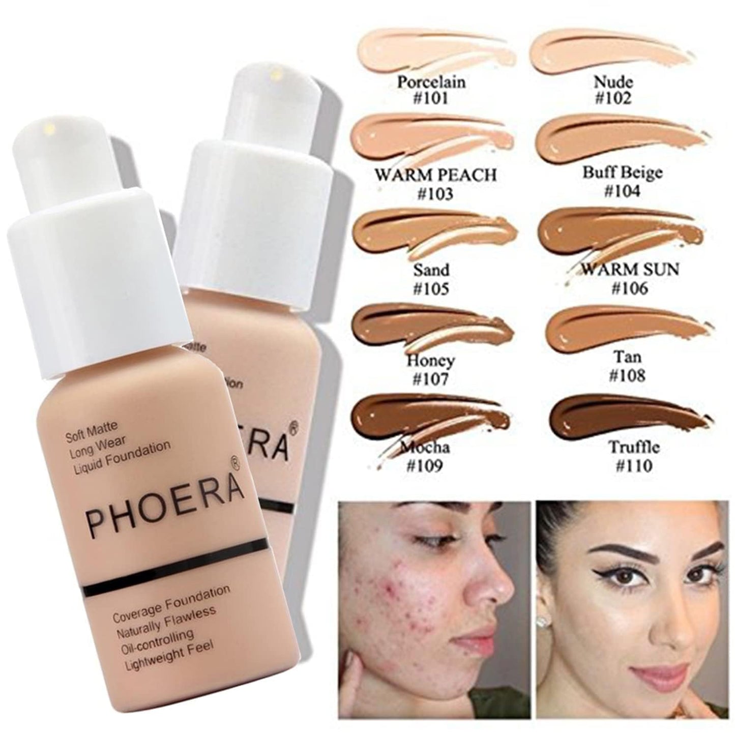 PHOERA Foundation, PHOERA Matte Liquid Foundation,PHOERA Makeup for Women, PHOERA Foundation Full Coverage Concealer, 30ml 24HR Matte Oil Control Concealer (108-Tan)