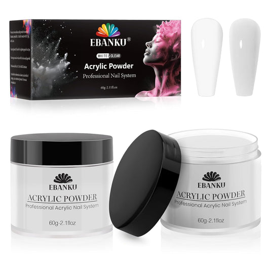 EBANKU 2 Colors Acrylic Nail Powder Set, White Clear Acrylic Powder Professional Nail Acrylic Powder for Nail Acrylic Extension, Nail Carving, Long-Lasting, No Nail Lamp Needed, 2.1 oz