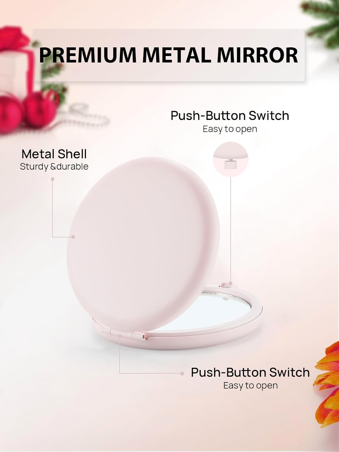 Compact Mirror Bulk, Set of 100 Double-Sided 1X/2X Magnifying Metal Pocket Makeup Mirrors(Round, Pink Marshmallow)