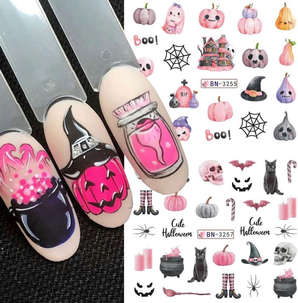 Halloween Pumpkin Nail Art Stickers Decals, 12Pcs Cute Ghost Skeleton Bat Pattern Water Transfer Nail Foils Decals for Halloween Nail Art Decoration Watermark Acrylic Stickers for Manicure DIY Supply