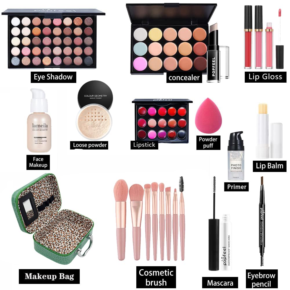 Makeup Kit For Wonmen Full Kit Eyeshadow Eyeliner lipgloss, Lipstick Makeup brushes Mascara Eyebrow pencil Concealer Face Powder Primer make up Set For Girls Beginners
