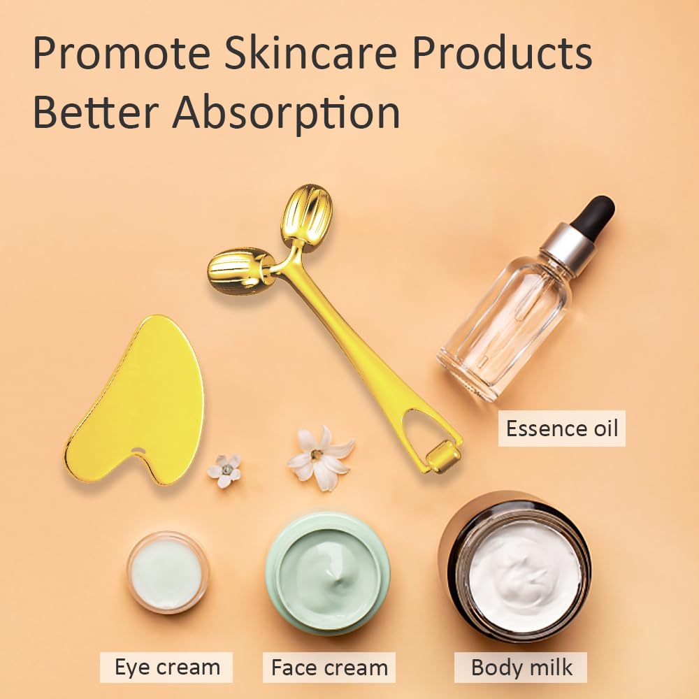 Yeamon Gua Sha Facial Tools and Face Roller Set, Facial Massage Tool for Women’s Skincare Routine,Cooling Stainless Steel Face Sculpting Eyes Roller Guasha for Daily Use or Self-Care Gift for Women