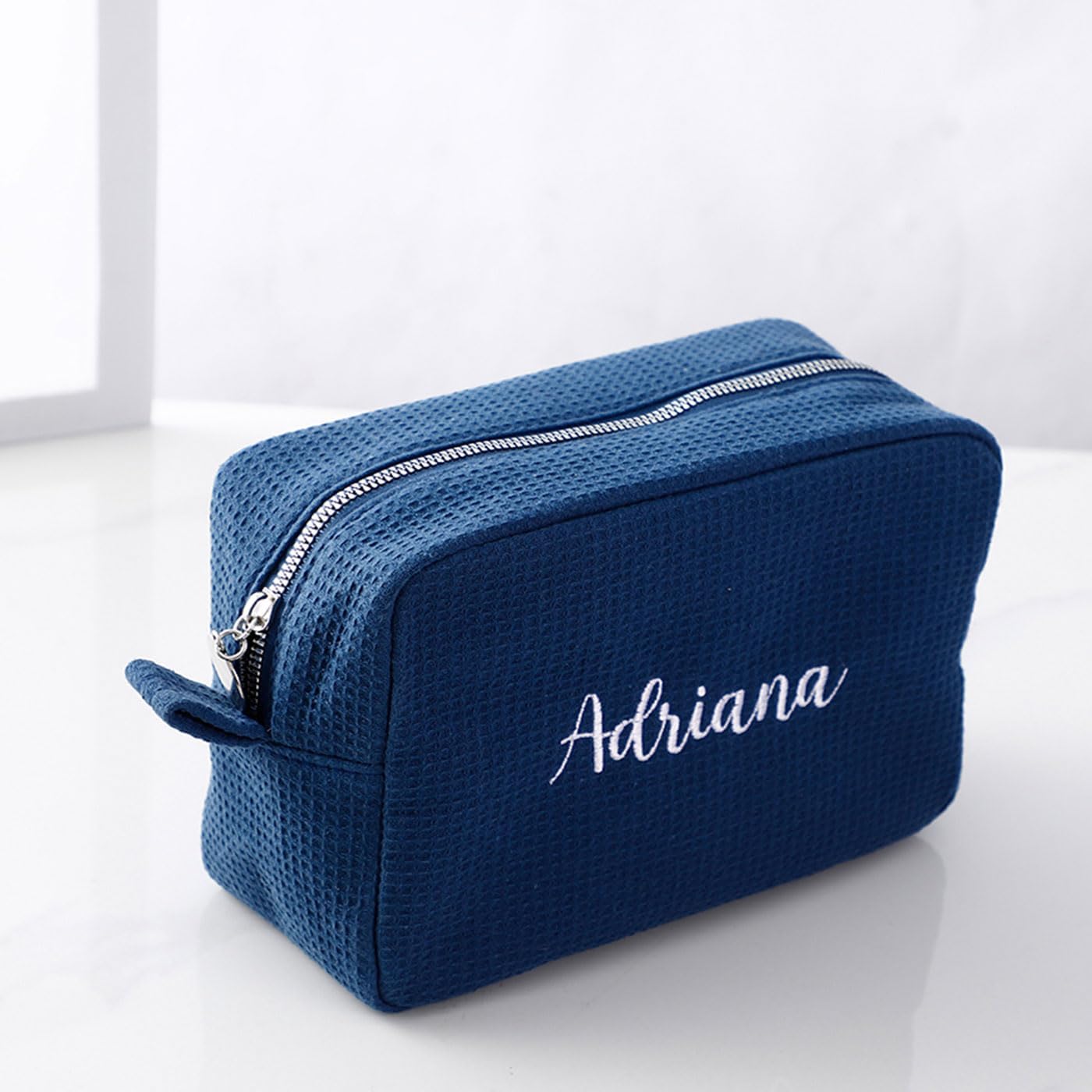 GOPHIE Personalized Embroidered Makeup Bag,Custom Waffle Fabric Cosmetic Pouch for Women, Travel Makeup Pouch (6, Navy Blue)