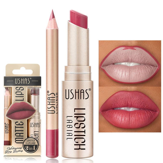USHAS 2 in 1 Waterproof Lipstick and Lip Liner Combo Set - Long Lasting Matte Lipstick Pen with Liner Set Makeup Kit (G6, Pack of 1)