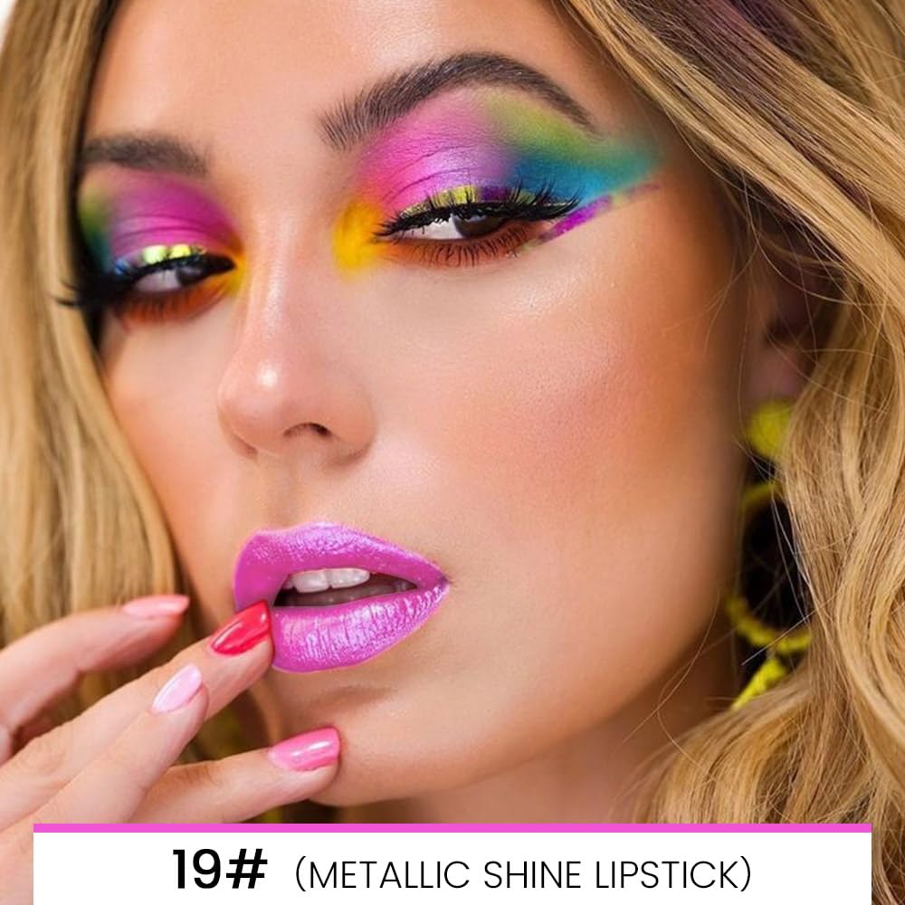 evpct 1Pcs Pink Metallic Shine Shimmer Lip Liner and Lipstick Combo Set Kit for Women, Lightweight Hydrating Formula High Impact Full Coverage Lipstick and Lip Liner Makeup Stains Gloss, 19#