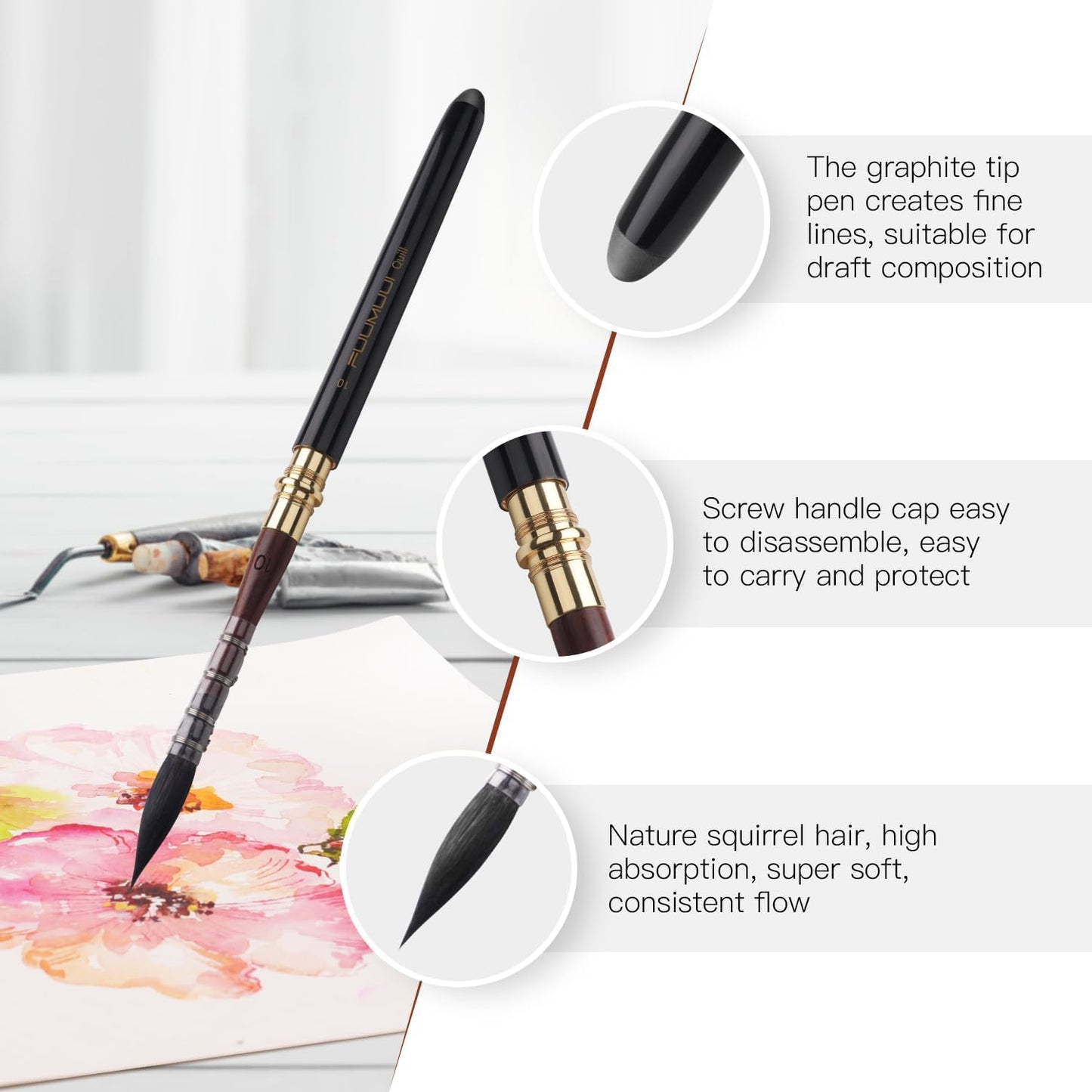 Travel Watercolor Brushes, Fuumuui Professional 6pcs Natural Soft Squirrel Hair Watercolor Travel Brush Set with Graphite Tip Pen Perfect for Watercolor Gouache Ink Painting