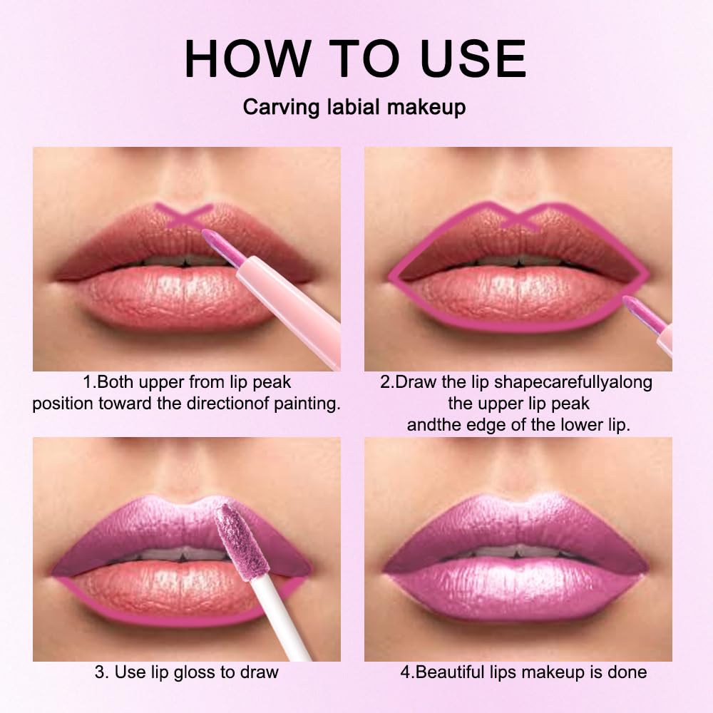 evpct Light Rose Pink Metallic Glitter Lip Liner and Lipstick Combo Lip Gloss Stain Set Makeup for Women Long Lasting Waterproof 24, Pink Metallic Shimmer Frosted Iridescent Shiny Liquid Lipstick 10