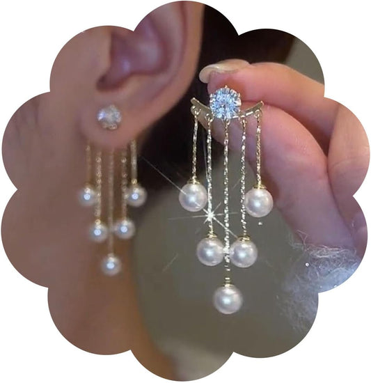 Vintage Crystal Pearl Drop Earrings Long Tassel Pearl Dangle Earrings Gold Cz Pearl Chain Earrings Cz Rhinestone Bridal Earrings Jewelry for Women