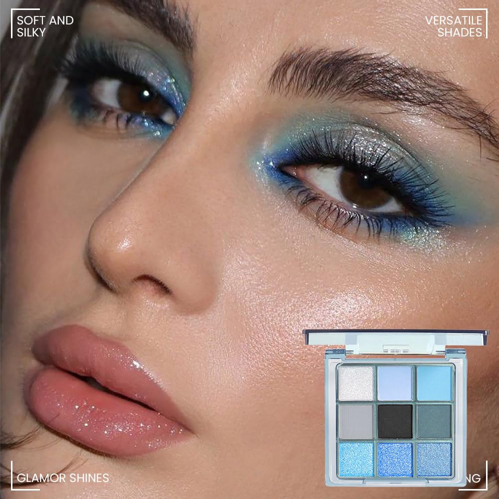 Light Blue Eyeshadow Palette, Matte & Shimmer Glitter Blue Shadow for Eye Makeup, High Pigmented White Gray Black Green Powder Palet de sombras de ojos, Cruelty Free