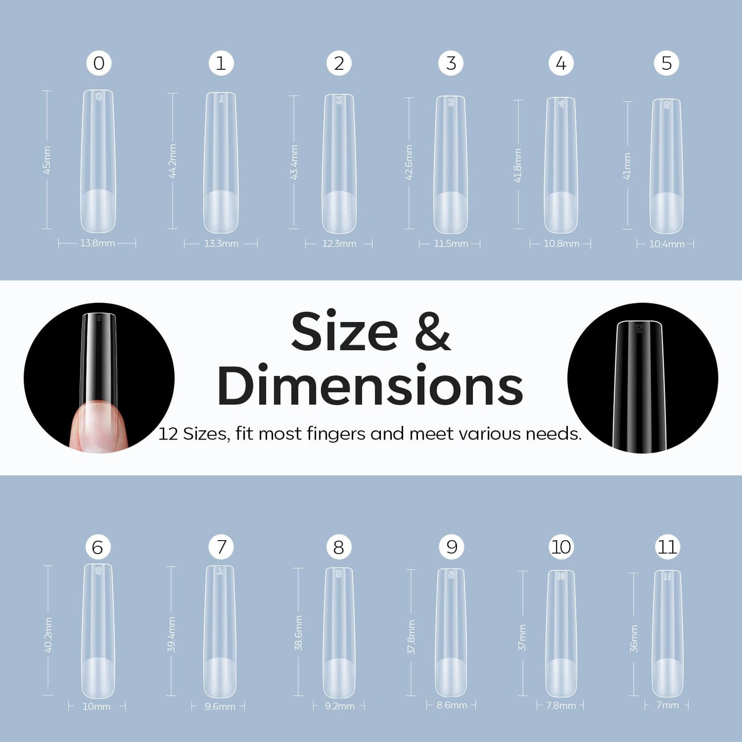 Modelones Long Square XXL Fake Nail Tips - 504Pcs Gel Tips Pre-shaped Half Matte Full Cover Clear Acrylic Gel Kit False Press on Nails for Extension DIY Salon 12Sizes