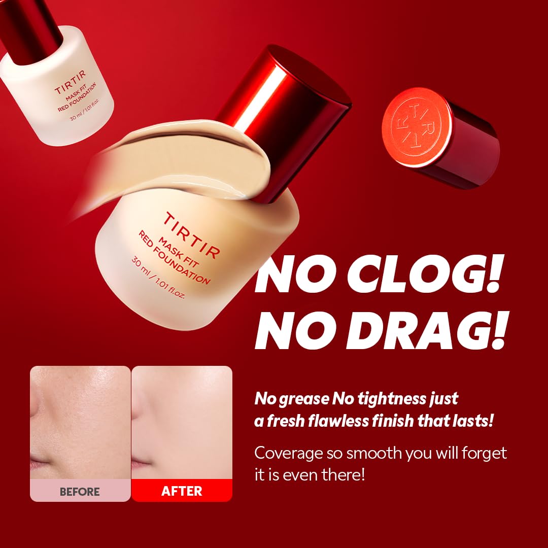 TIRTIR Mask Fit Red FoundationㅣLong Lasting Flawless Coverage, Energy Essence, Lightweight, Hydrating, Pore-Blurring, Breathable Satin Finish, Makeup, Radiant Skin, #13N Fair Ivory, 1.01 Fl Oz