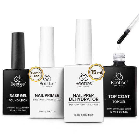 Beetles 4 Pcs 15ml Gel Top Coat and Base Coat Set with Nail Dehydrator and Primer,Professional Nail Prep Acid-Free & Hema-Free Dehydrate Bond Primer Set for Acrylic and Gel Nail Polish