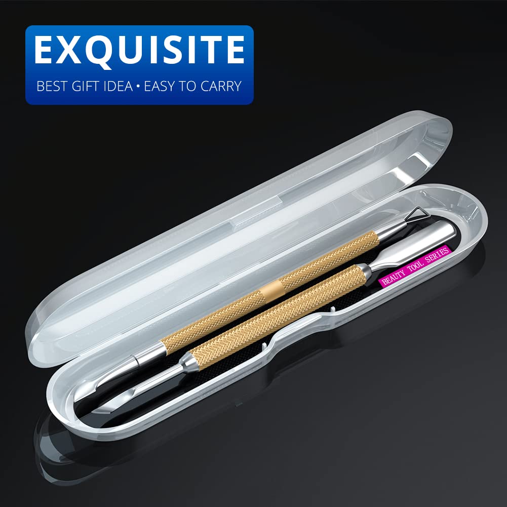 2PCS Metal Champagne Gold Cuticle Pusher and Cutter Remover Salon Quality Stainless Steel Gel Nail Polish Peeler Scraper Durable Manicure and Pedicure Cleaner Tool For Fingernail and Toenail