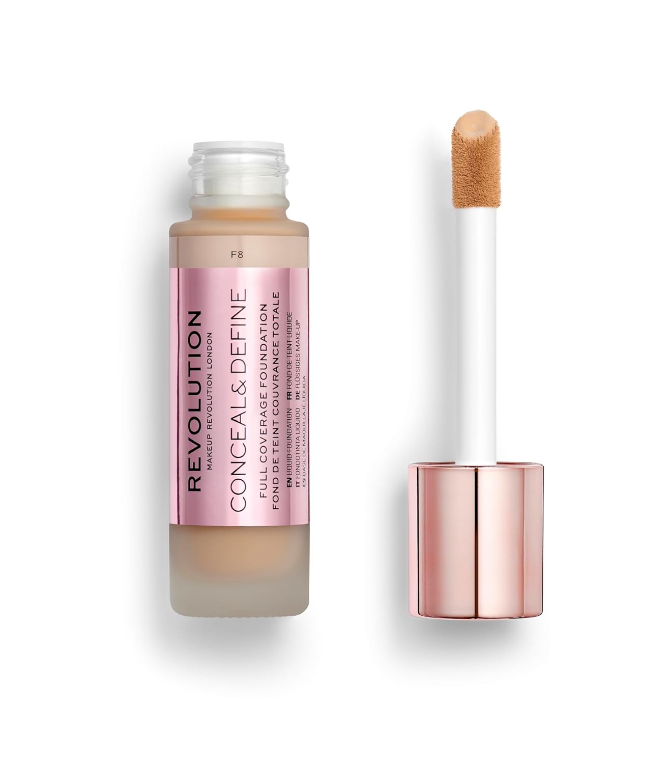 Revolution Beauty, Conceal & Define Foundation, Full Coverage, Long-Lasting Matte Finish, Vegan & Cruelty Free, F8 Light to Medium Skin Tones, 0.8 Fl.Oz.