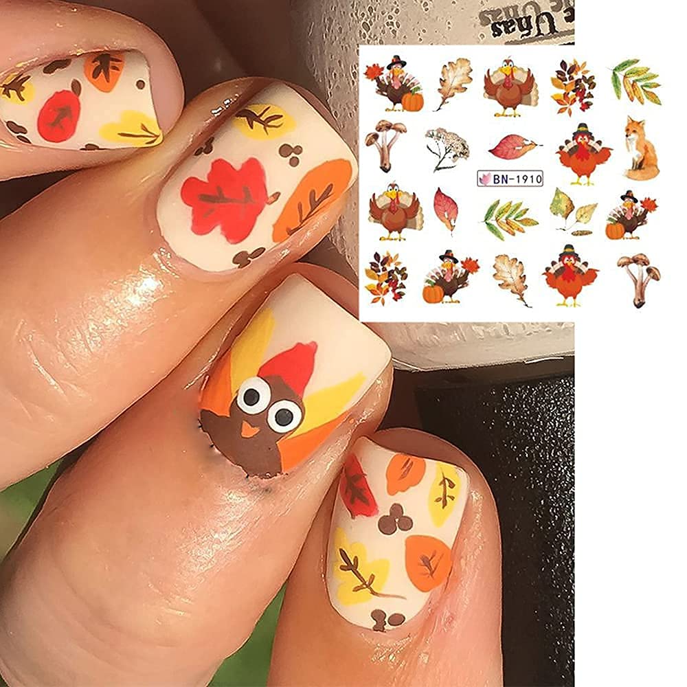 Fall Nail Art Stickers Thanksgiving Nail Decals 24 Sheets Maple Leaves Pumpkin Water Transfer Maple Leaf Turkey Pumpkin Animal Nail Design Sticker for Women Girls Fingernail Tattoos Decoration