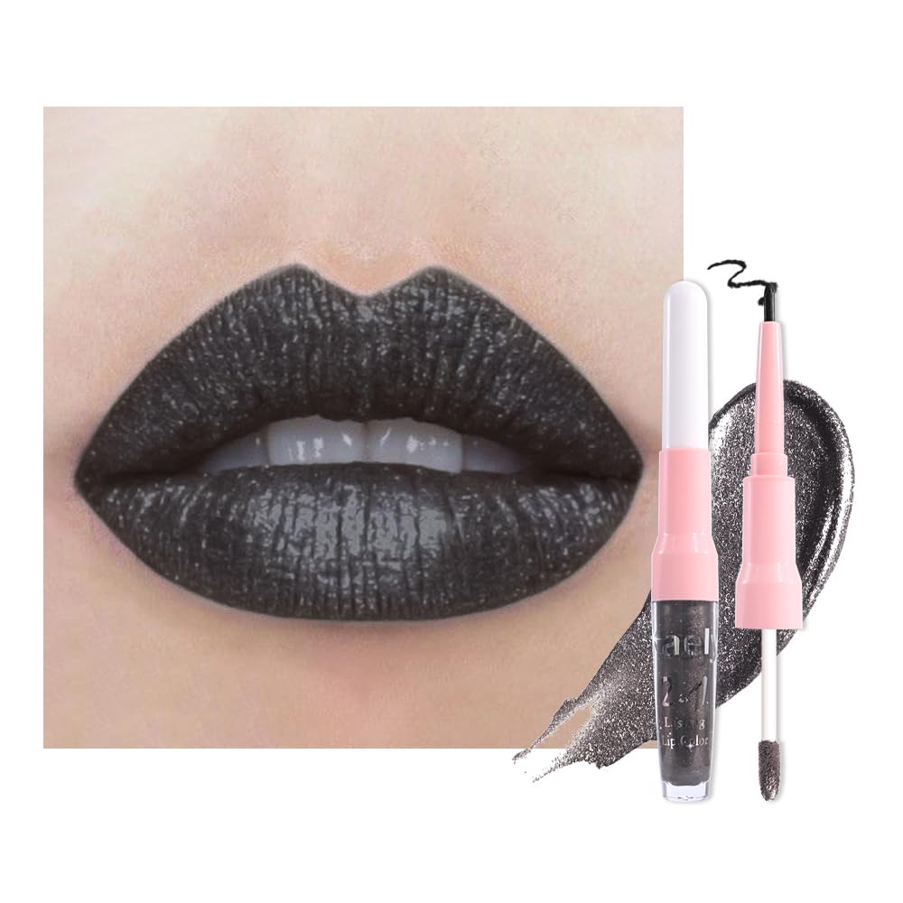 Kaely 2-in-1 Black Coal Metallic Lipstick and Lip Liner, Shimmer Liquid Metallic Lipsticks for Women, Glitter Lip Gloss Stain Long Lasting Waterproof Smudge Proof 24 Hour, Vegan Makeup, 17