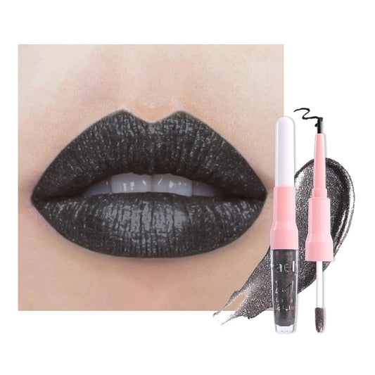 Kaely 2-in-1 Black Coal Metallic Lipstick and Lip Liner, Shimmer Liquid Metallic Lipsticks for Women, Glitter Lip Gloss Stain Long Lasting Waterproof Smudge Proof 24 Hour, Vegan Makeup, 17