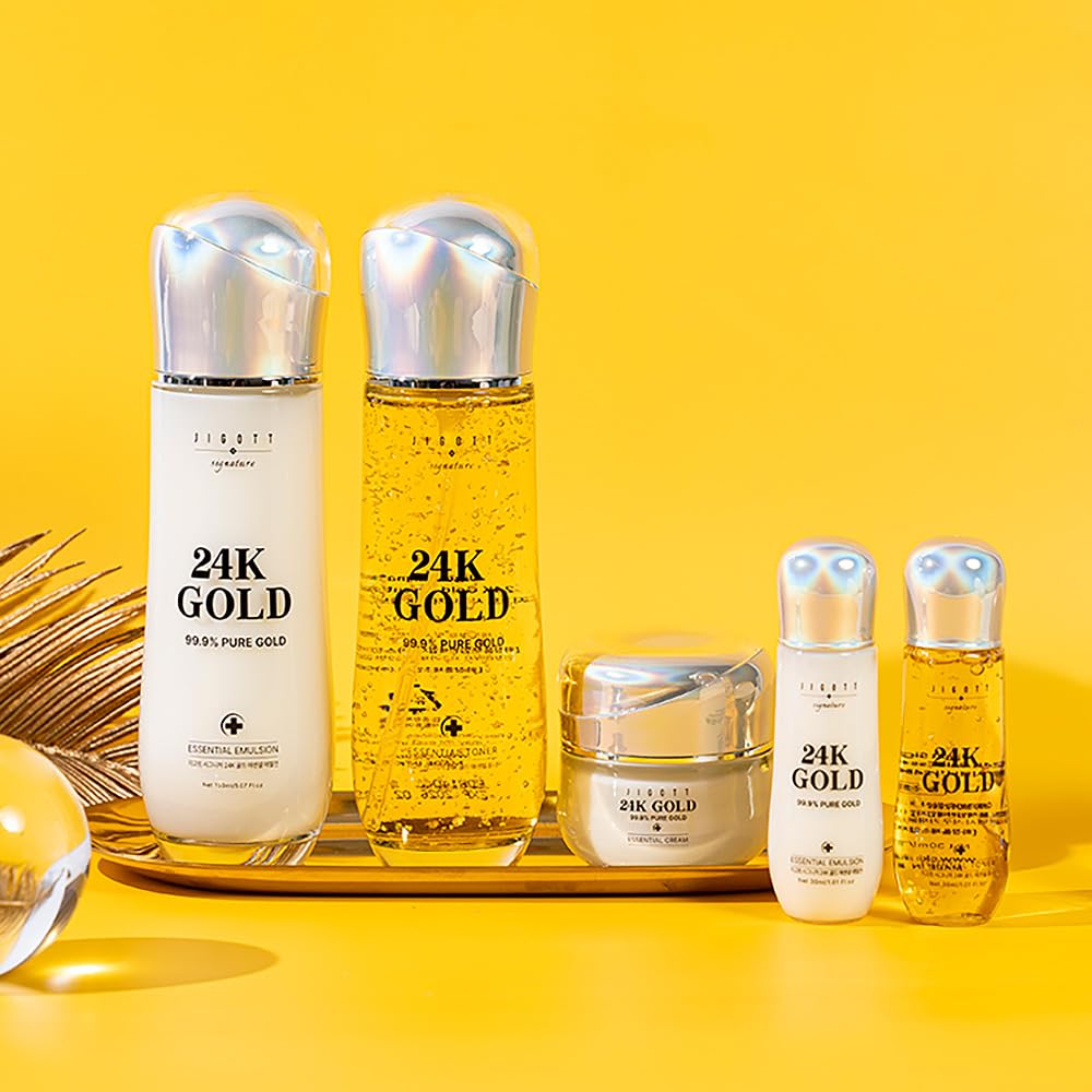 Signature 24K Gold Essential Skin Care 3 Set Toner, Emulsion, Cream Set (24K Gold)