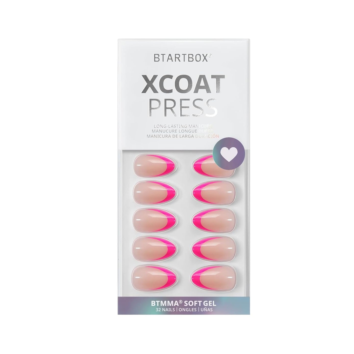 French Tip Press On Nails Almond - BTArtbox Hot Pink Short Stick On Nails for Women, Glue On Nails with Nail Glue in 16 Sizes - 30 Soft Gel Fake Nails Kit, Berry French