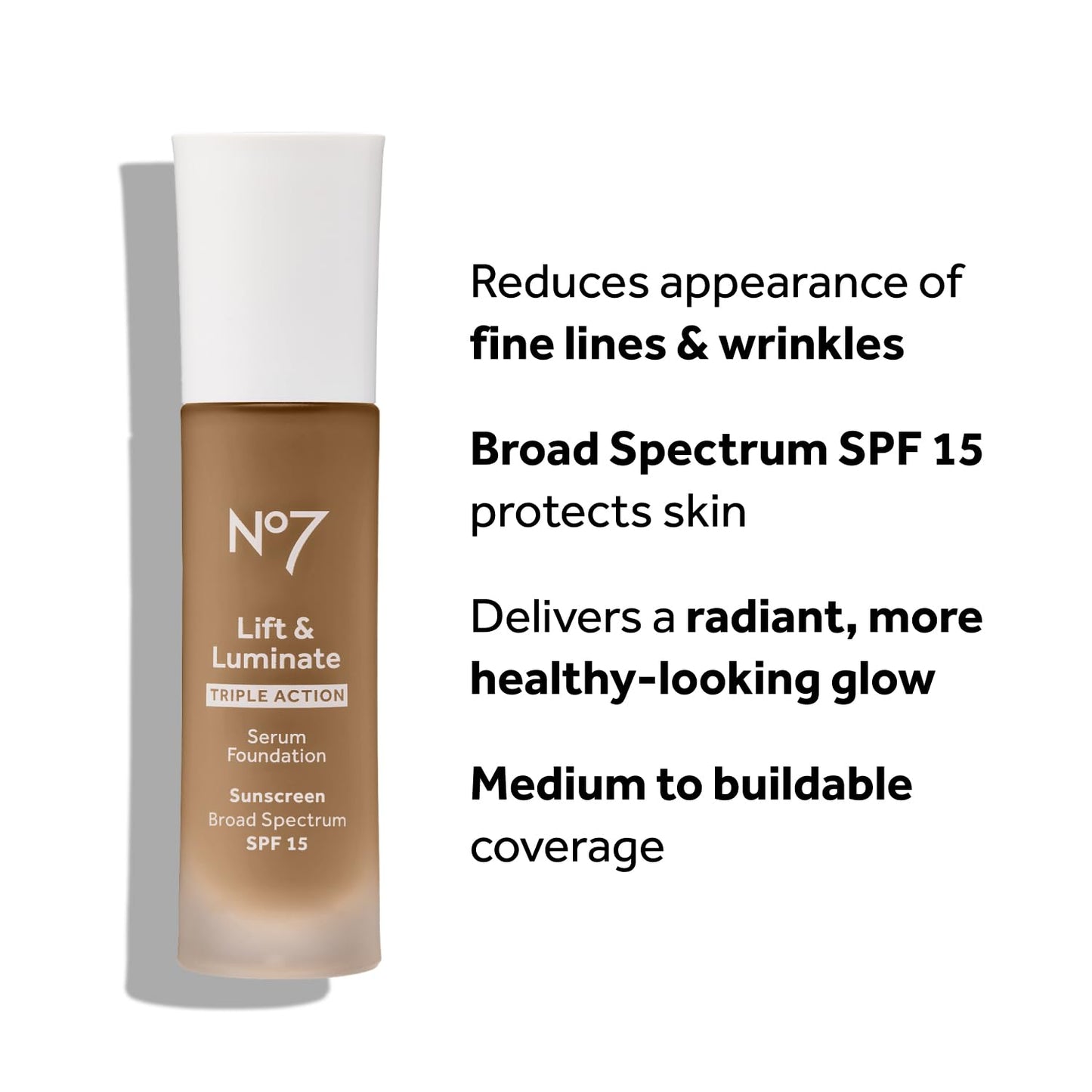 No7 Lift & Luminate Triple Action Serum Foundation - Walnut - Liquid Foundation Makeup with SPF 15 for Dewy, Glowy Base - Radiant Serum Foundation for Mature Skin (30ml)